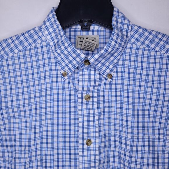 LL Bean Shirt Mens Medium Plaid White, Blue Wrinkle Resistant Button Down - Picture 1 of 11